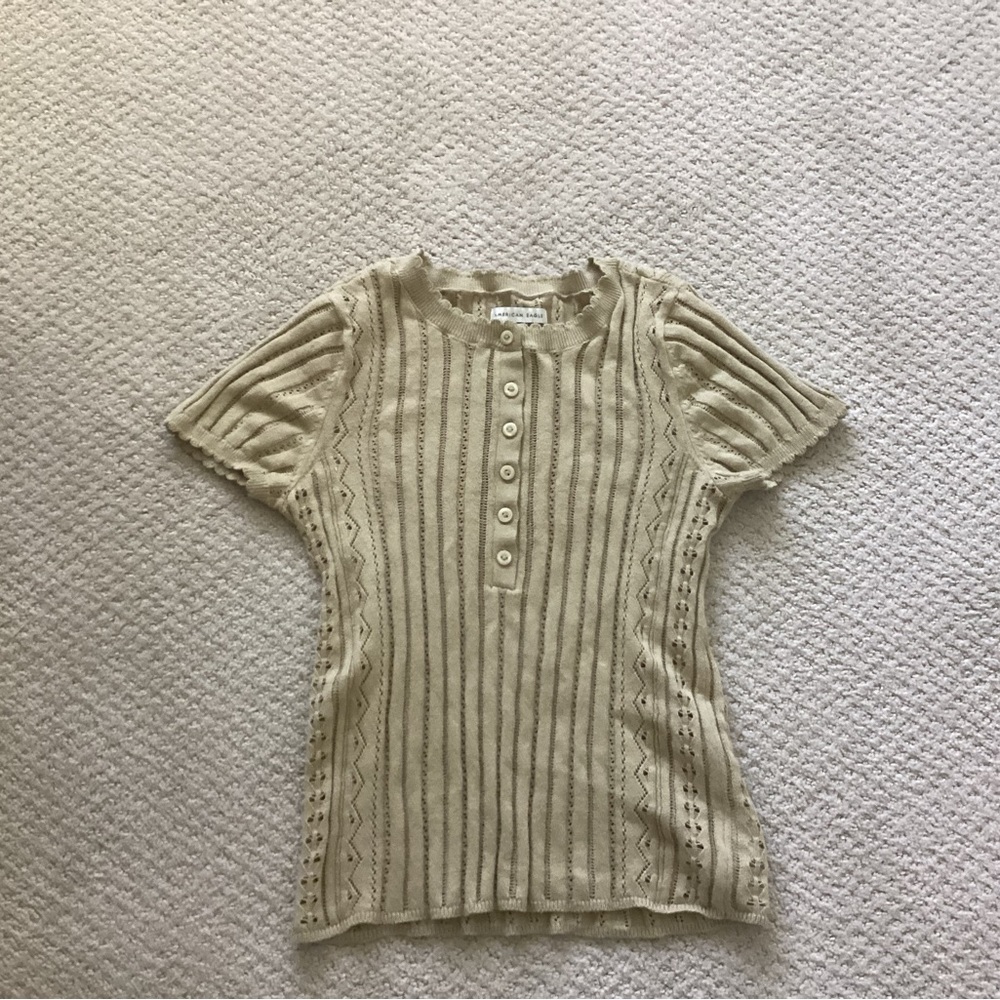 American Eagle Outfitters Cream Openwork Knit Button Cardigan